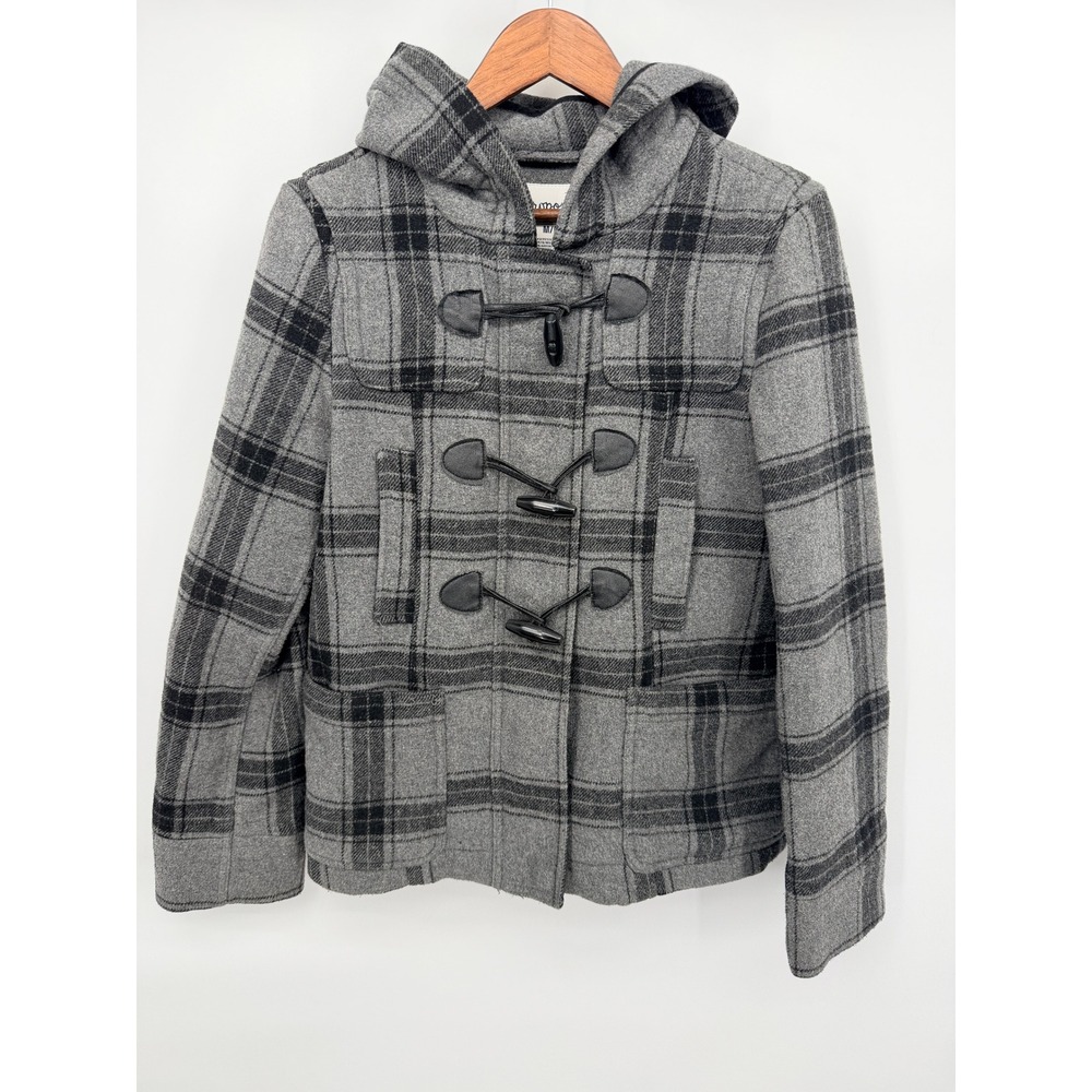 Aeropostale Women's M Gray Black Plaid Wool Blend Hooded Toggle Coat